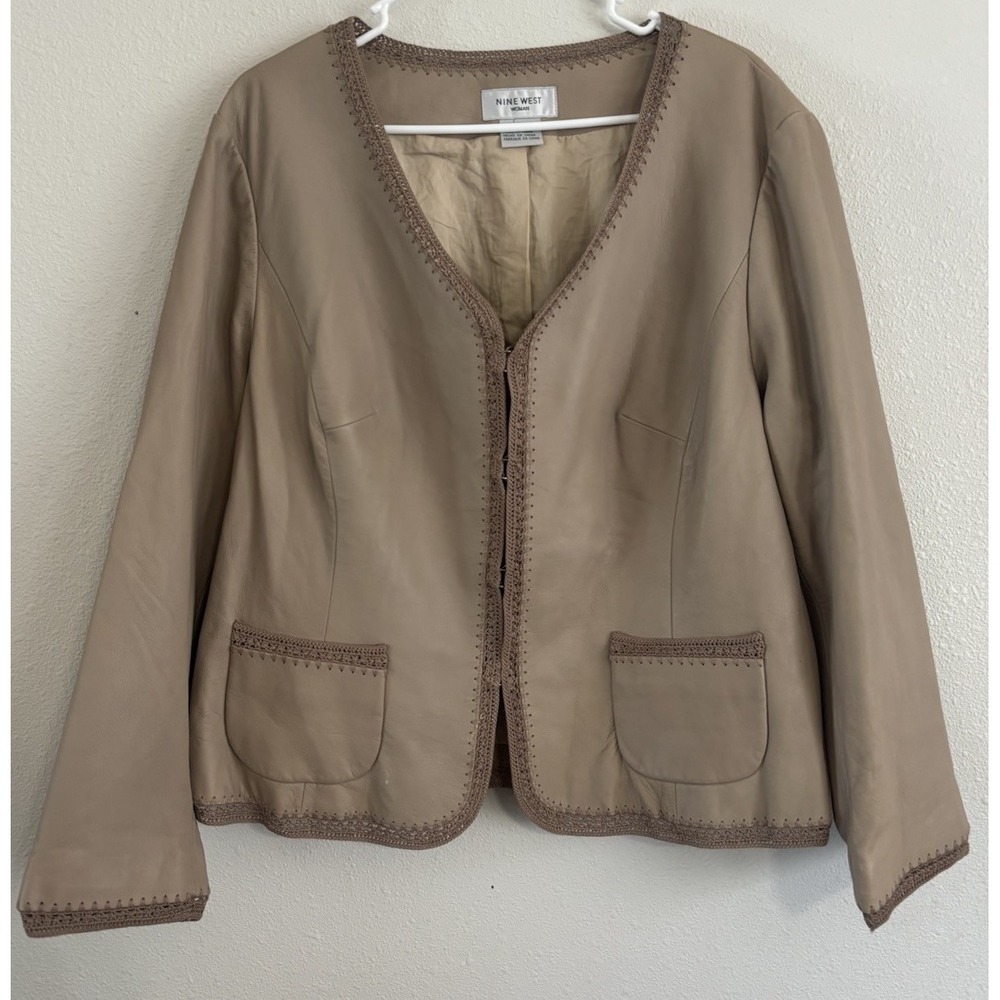 Nine West Woman 2X Genuine Leather Jacket Taupe Beige Crochet Trim Blazer